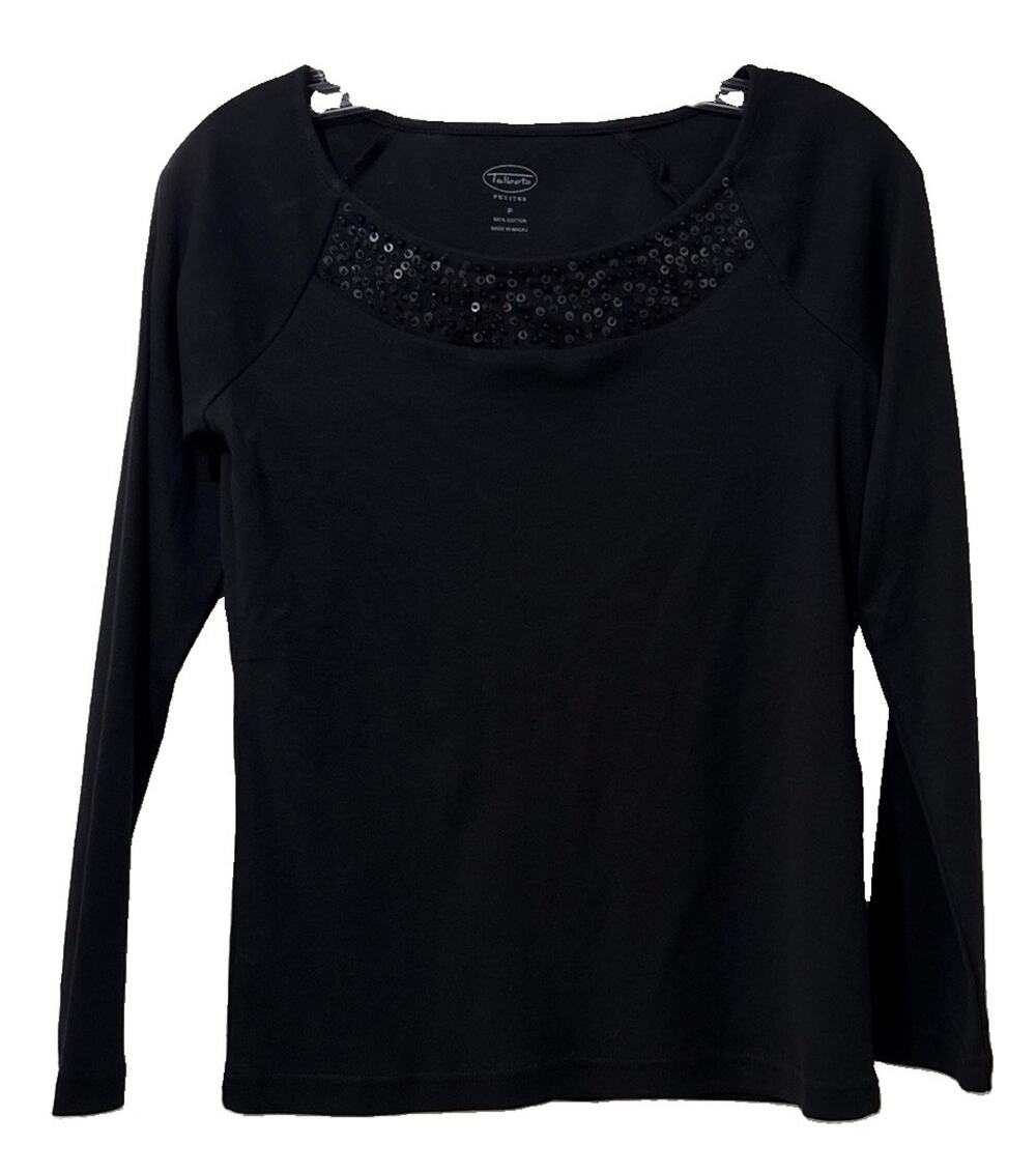 Talbots Petites Black Sequin Beaded Top Long Sleeve Top Size P / XS Cotton